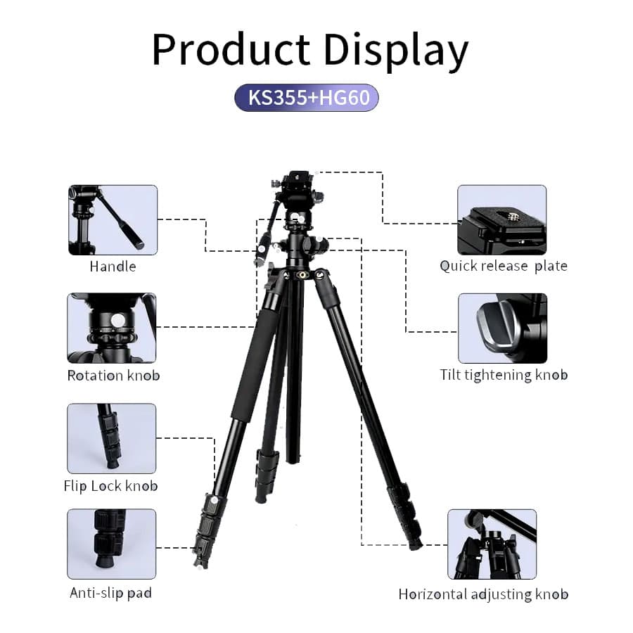 سه پایه دوربین جیماری Jmary KS355+HG60 with 3D Head Tripod — تصویر ۸