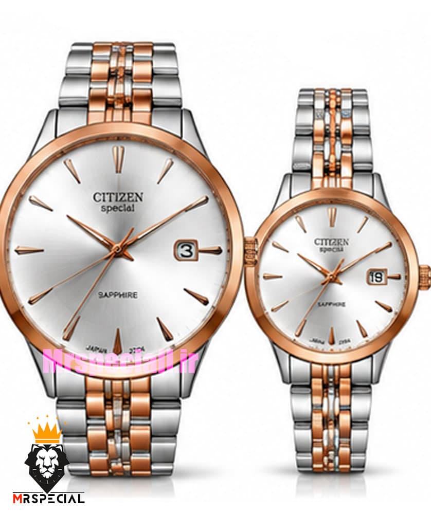 ساعت سیتیزن ست مردانه و زنانه اسپشیال دورنگ رزگلد صفحه نقره ای 021670 CITIZEN SPECIAL