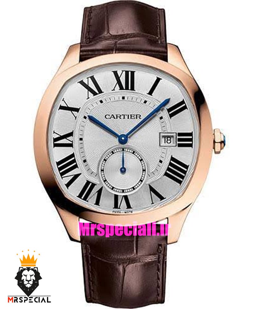 ساعت کارتیه درایو مردانه اتوماتیک رزگلد بند چرم قهوه ای صفحه سفید Cartier Drive de Cartier 021641