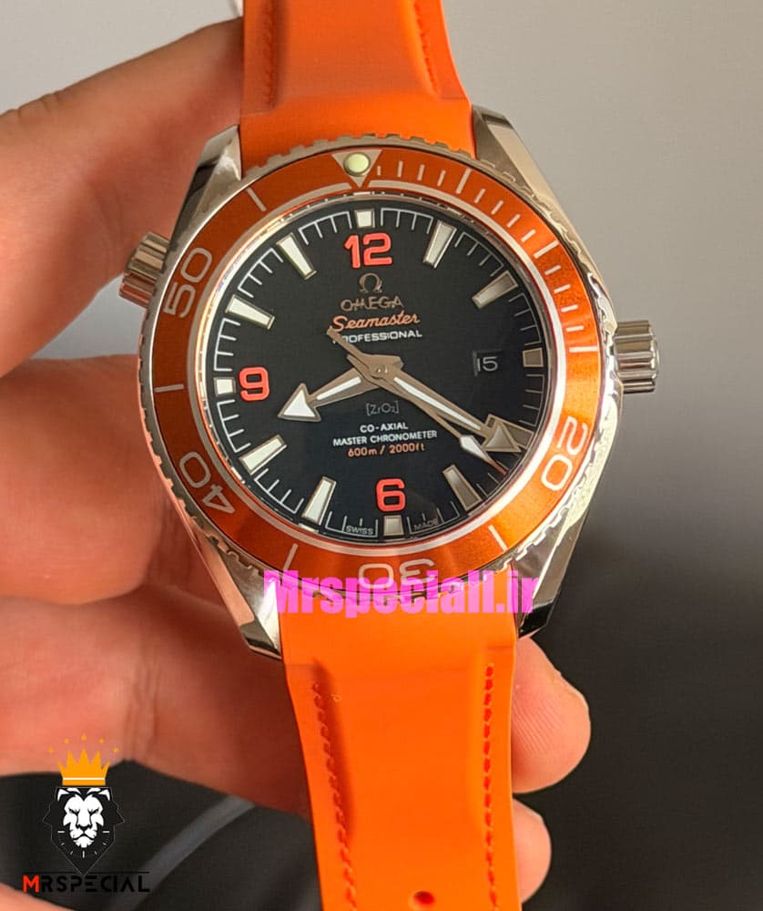 ساعت امگا مردانه سیمستر اتوماتیک رابر نارنجی صفحه مشکی OMEGA SEAMASTER Planet Ocean 016625 — تصویر ۹