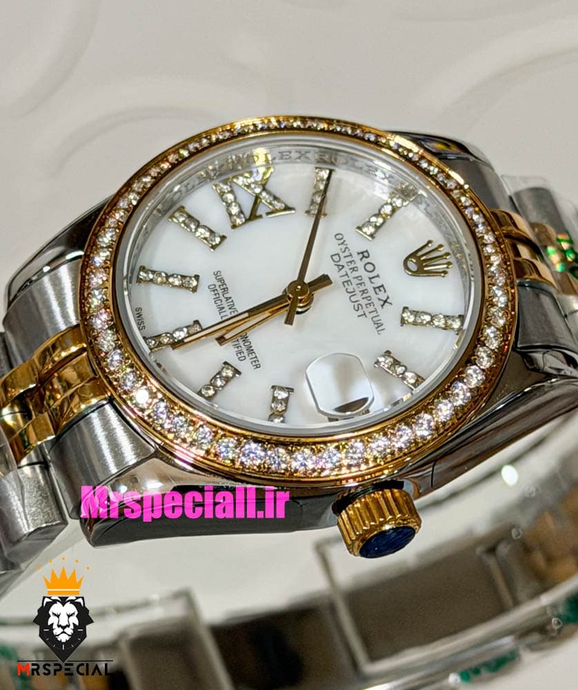 ساعت رولکس زنانه دیت جاست قاب نگین دورنگ طلایی صفحه سفید صدف 021624 ROLEX DATEJUST — تصویر ۱۰