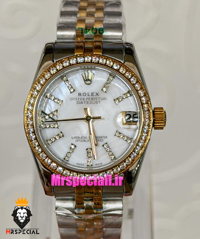 ساعت رولکس زنانه دیت جاست قاب نگین دورنگ طلایی صفحه سفید صدف 021624 ROLEX DATEJUST — تصویر ۸