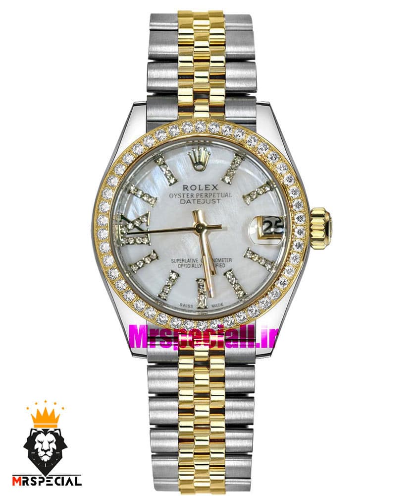 ساعت رولکس زنانه دیت جاست قاب نگین دورنگ طلایی صفحه سفید صدف 021624 ROLEX DATEJUST — تصویر ۲
