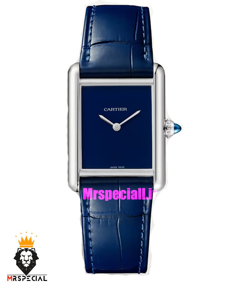 ساعت کارتیه زنانه مدل تانک قاب استیل صفحه ابی چرم سورمه ای Cartier Tank Must 021561