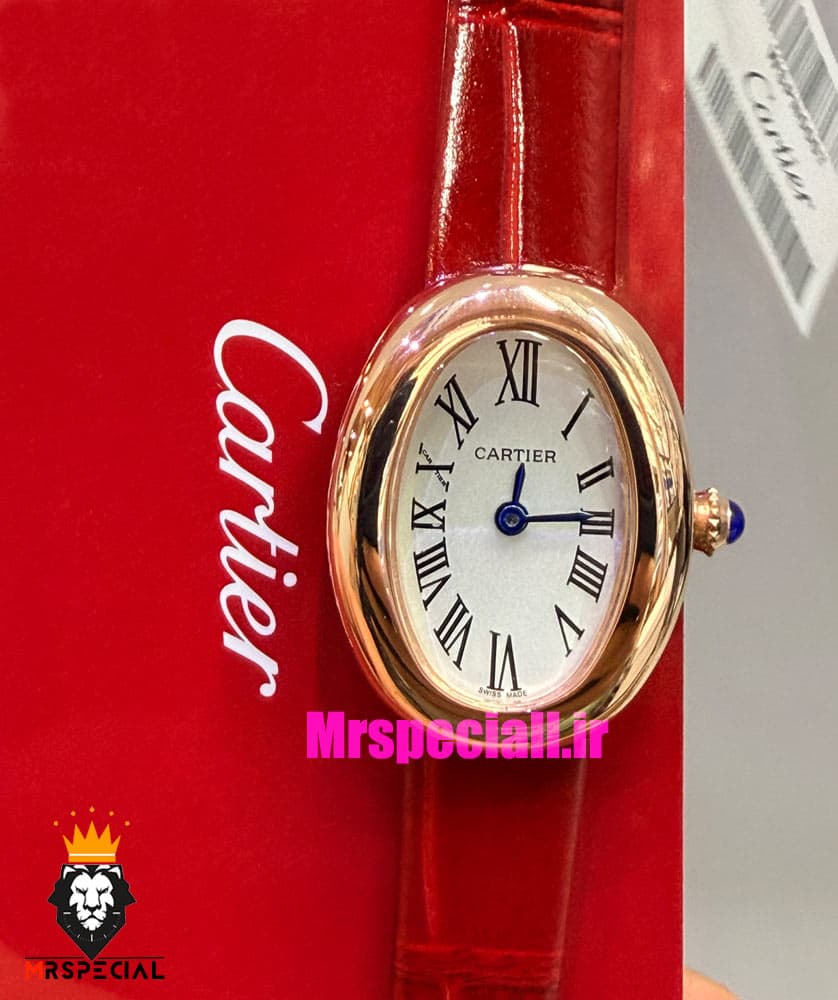 ساعت کارتیه زنانه مدل بایگنور بند چرم قرمز قاب رزگلد صفحه سفید 021544 Cartier Baignoire — تصویر ۳