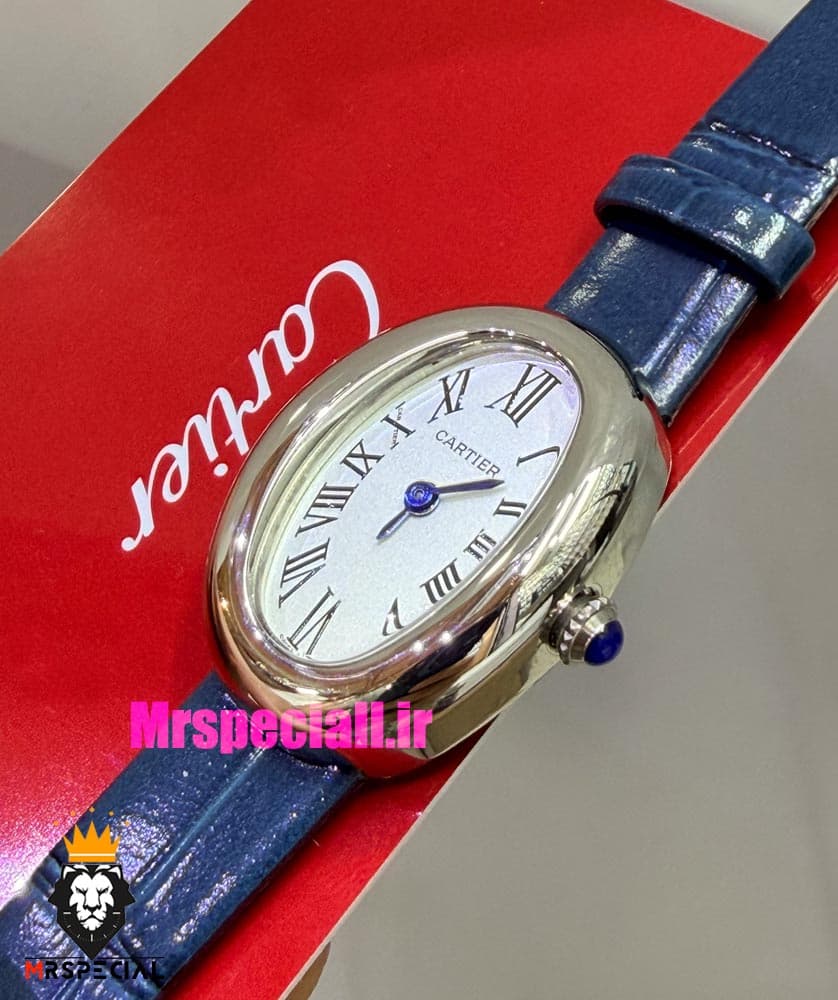 ساعت کارتیه زنانه مدل بایگنور بند چرم ابی قاب استیل صفحه سفید 021543 Cartier Baignoire — تصویر ۴