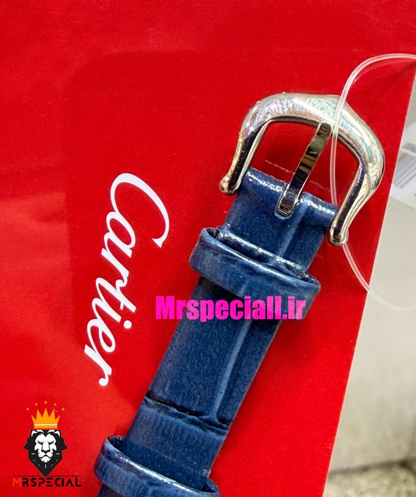 ساعت کارتیه زنانه مدل بایگنور بند چرم ابی قاب استیل صفحه سفید 021543 Cartier Baignoire — تصویر ۶