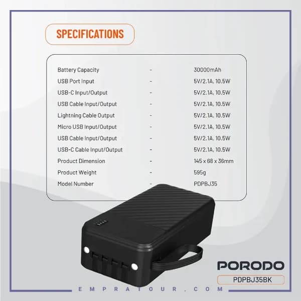پاوربانک 30000 با کابل متصل پرودو PDPBJ35BK — تصویر ۳
