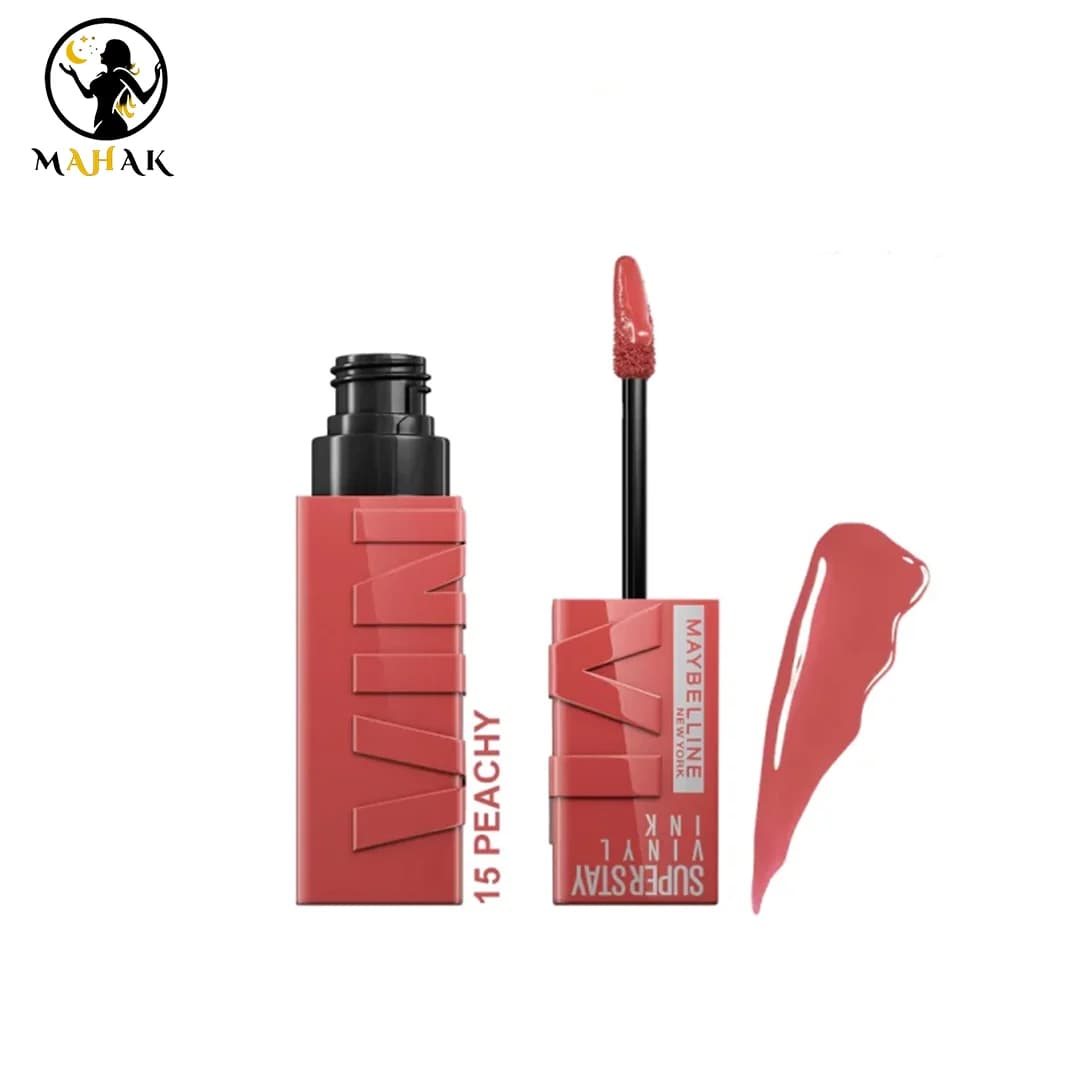 رژ لب مایع براق میبلین سوپر استی مدل VINYL INK شماره 15 رنگ PEACHY — تصویر ۲