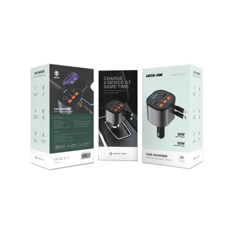 شارژر فندکی فلش‌خور چند‌کاره‌ی گرین لاین مدل FM Retractable 50W Car Charger — تصویر ۱۲