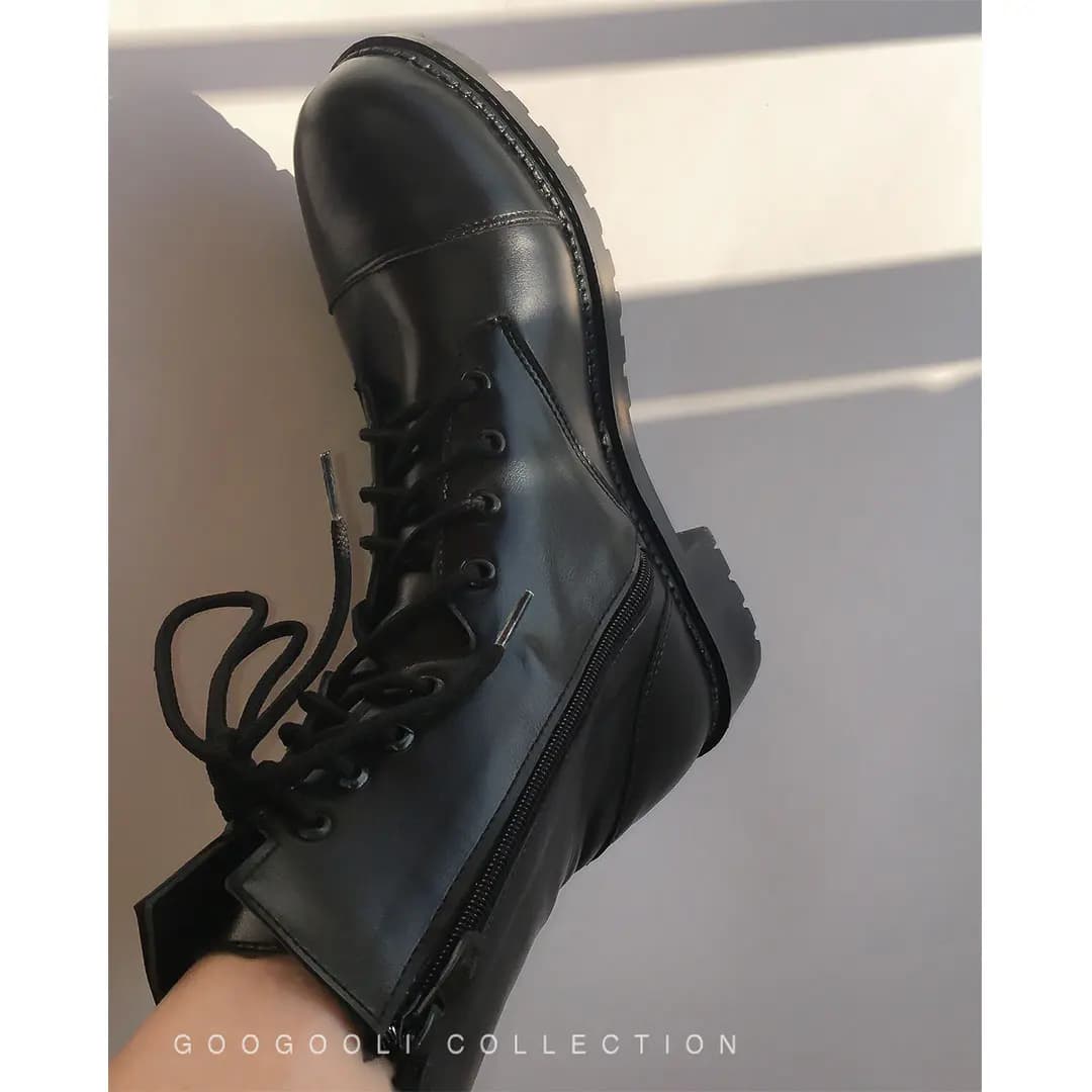 بوت چرم مشکی بندی بغل زیپ زنانه — تصویر ۷
