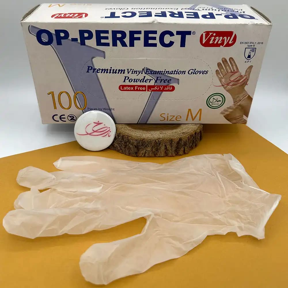 دستکش یکبارمصرف اوپی پرفکت OP-PERFECT مدل وینیل vinyl بی رنگ سایز متوسط بسته 100 عددی