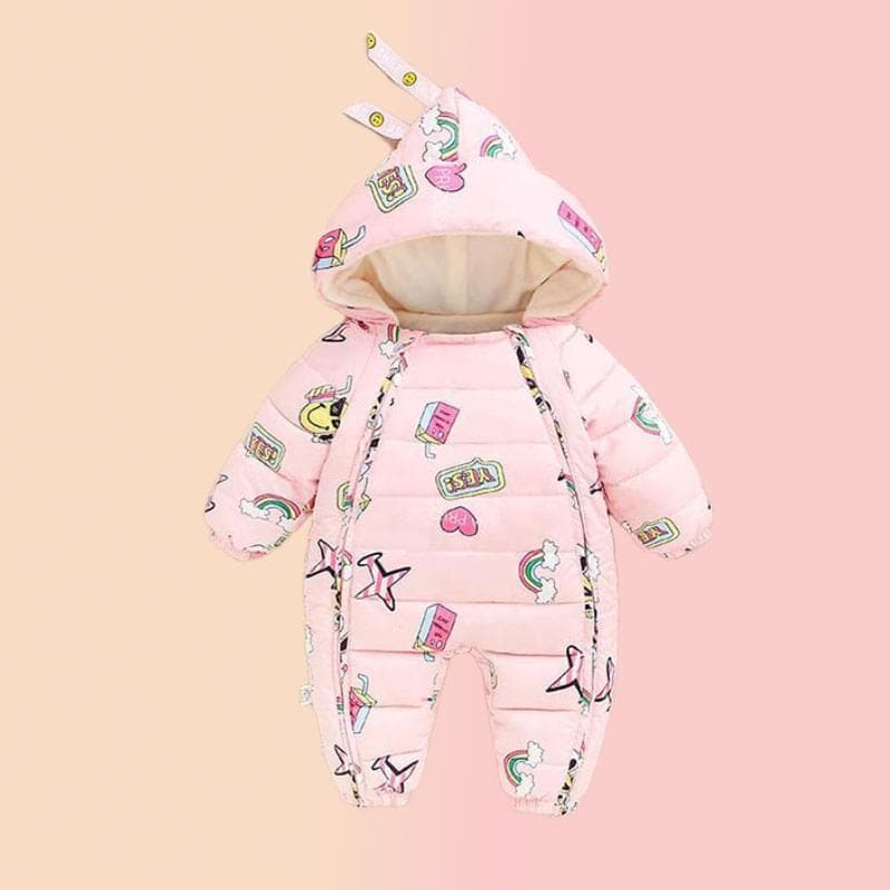 کاپشن سرهمی کلاه دار نوزادی دخترانه طرح ایموجی صورتی