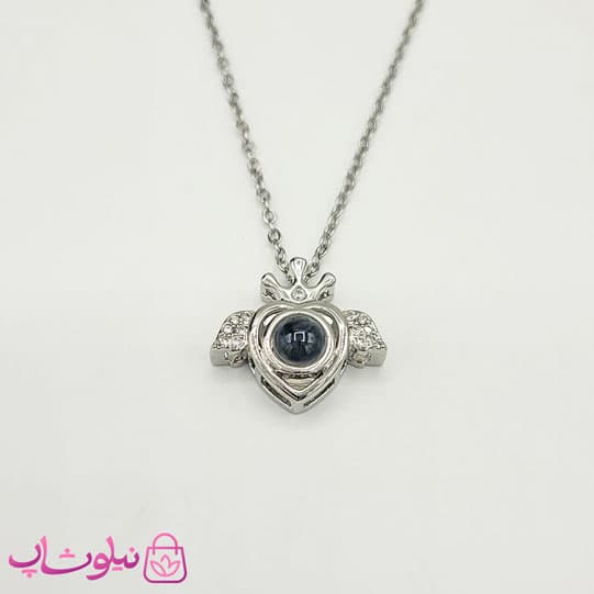 گردنبند دوستت دارم به صد زبان مدل قلب بالدار نقره ای