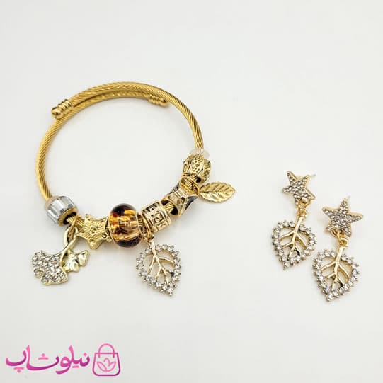 ست گوشواره و دستبند پاندورا طرح برگ — تصویر ۳