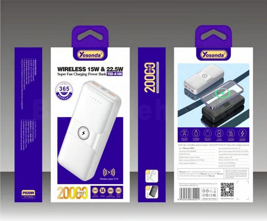 پاوربانک وایرلس Yosonda مدل A188 با ظرفیت 20000mAh – شارژ سریع و کیفیت عالی (رنگ مشکی) — تصویر ۵