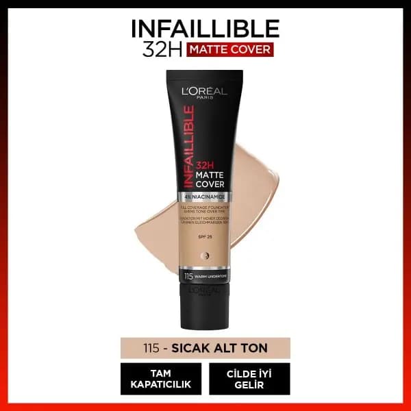 کرم پودر تیوپی لورآل INFAILLIBLE با پوشش مات 32 ساعته شماره 115 رنگ Golden Beige
