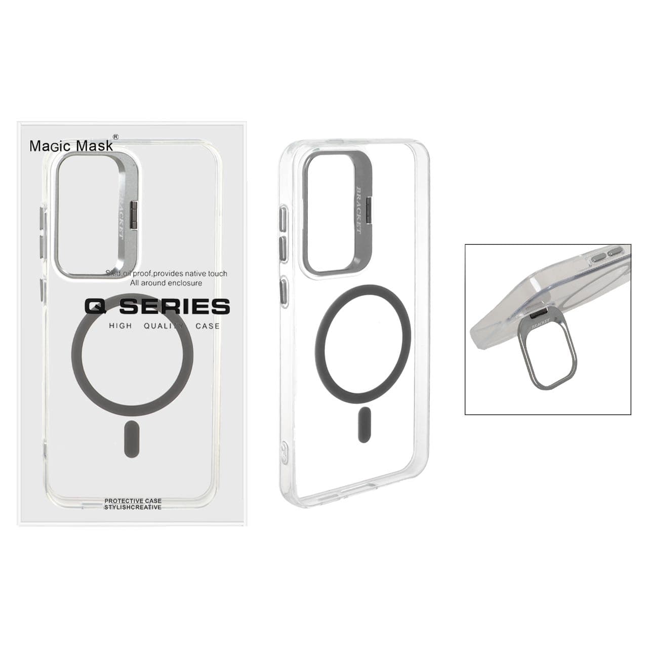 قاب اورجینال Q Series Bracket کریستالی Magsafe لنز استندشو Samsung Galaxy S24 FE – خاکستری (پک دار)
