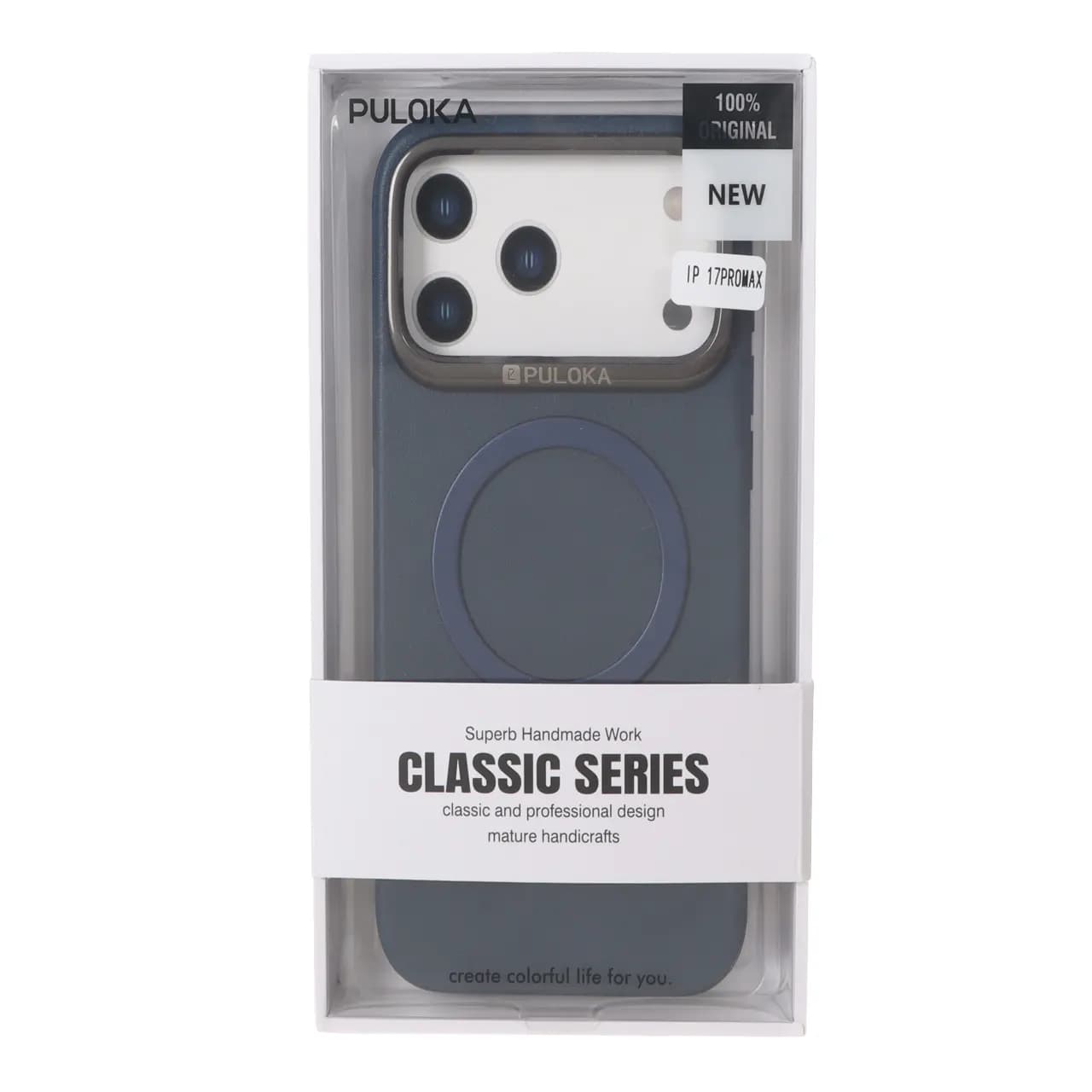 قاب Puloka چرمی Magnet فلزی دور لنز براق Apple iPhone 17 Pro Max – سرمه ای (پک دار)