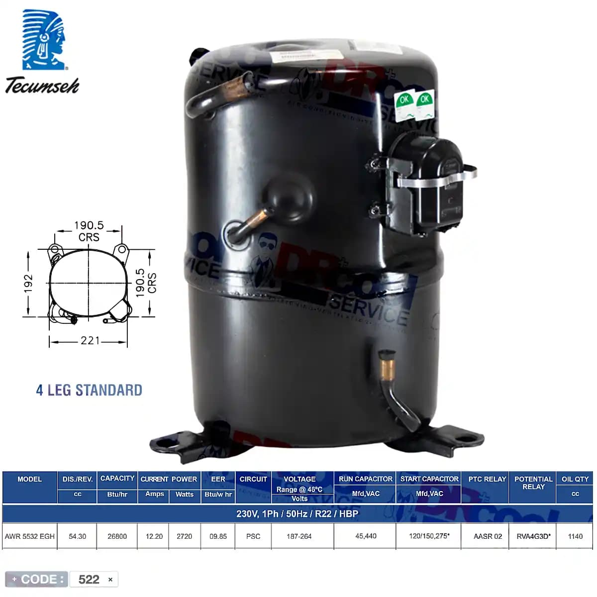 کمپرسور پیستونی 24 هزار AWR5532EXC تکامسه TECUMSEH — تصویر ۷