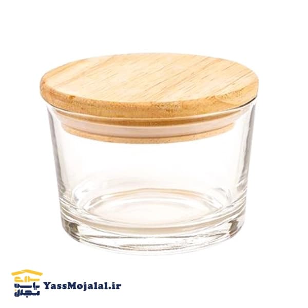 ظرف شیشه ای گرد 190 درب چوب لیمون