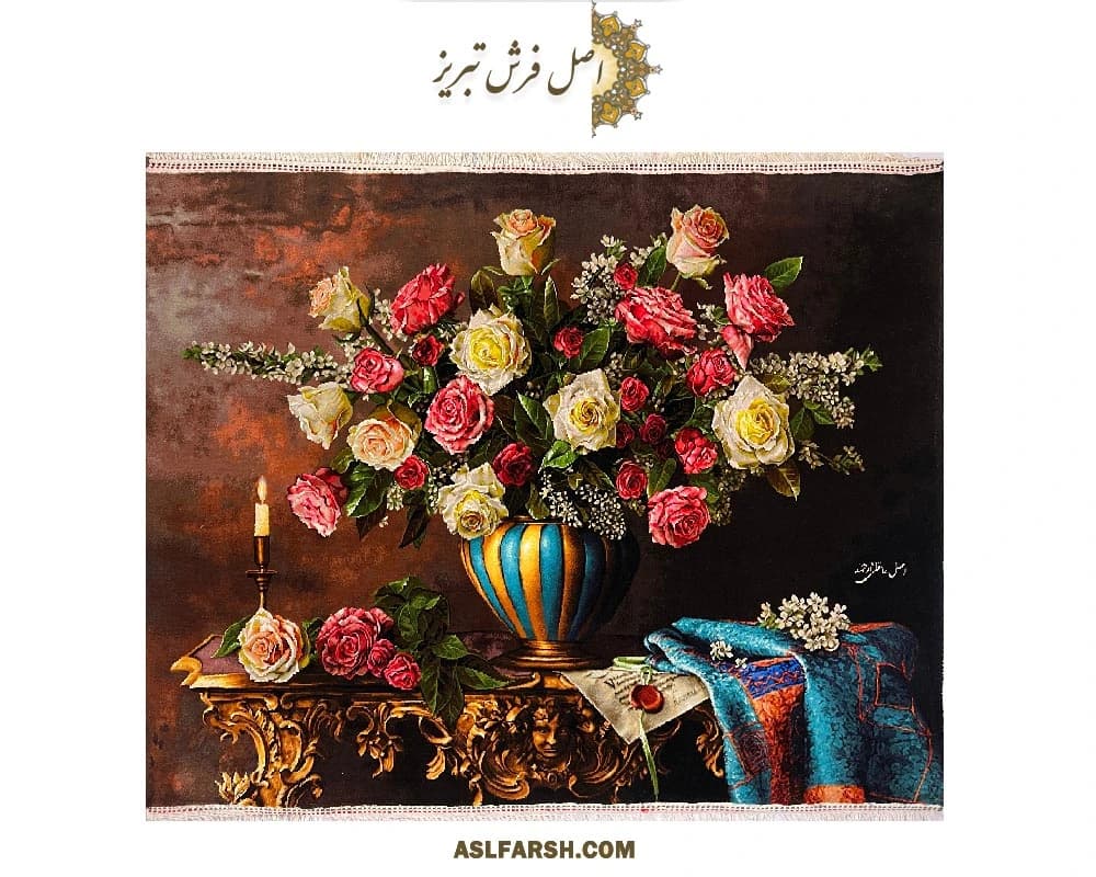 تابلو فرش دستباف گل گلدان رز — تصویر ۳