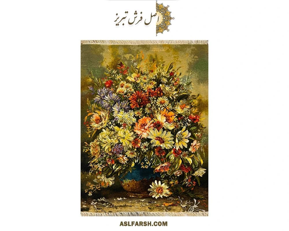 تابلو فرش دستباف گل گلدان آبی — تصویر ۵