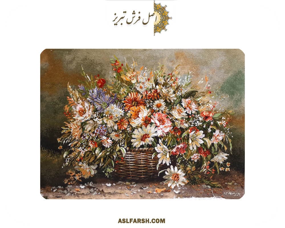 تابلو فرش دستباف گل گلدان حصیری