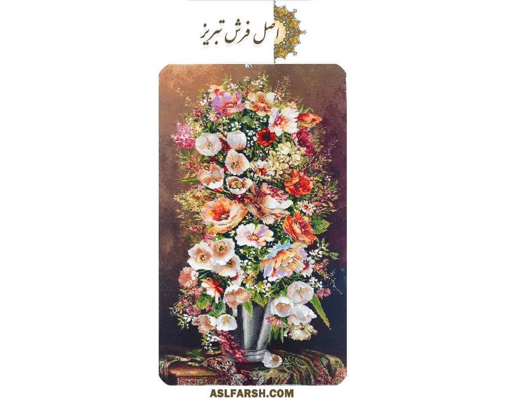 تابلو فرش دستباف گل گلدان طوسی