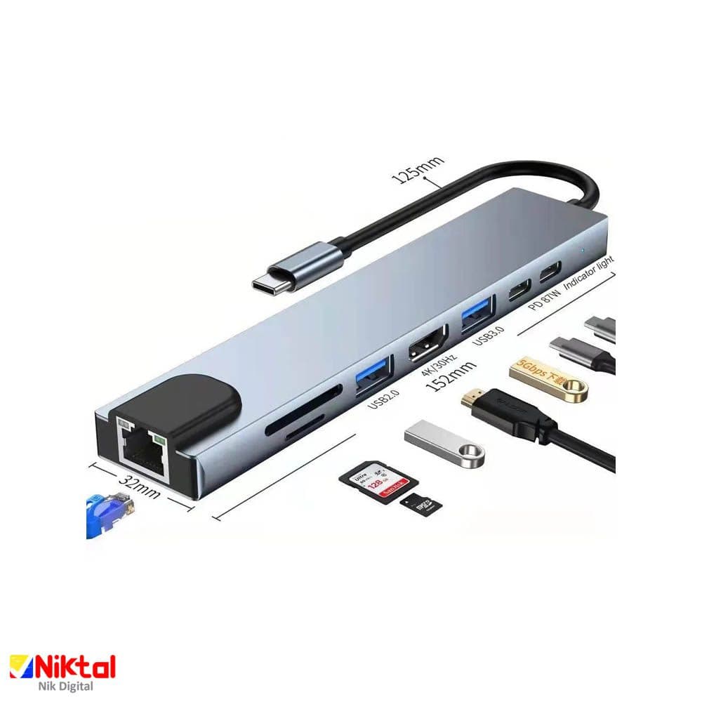 تبدیل و هاب 8 پورت USB Type-C مدل BYL-2017L