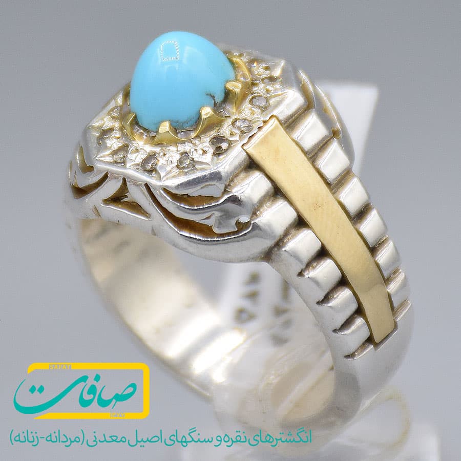 انگشتر فیروزه نیشابور با 14 عدد الماس مردانه «کد 3330» — تصویر ۲