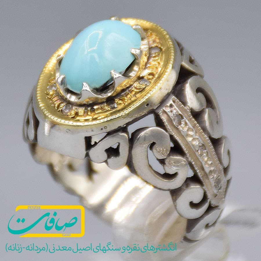 انگشتر فیروزه نیشابور با 14 عدد الماس مردانه «کد 3322»