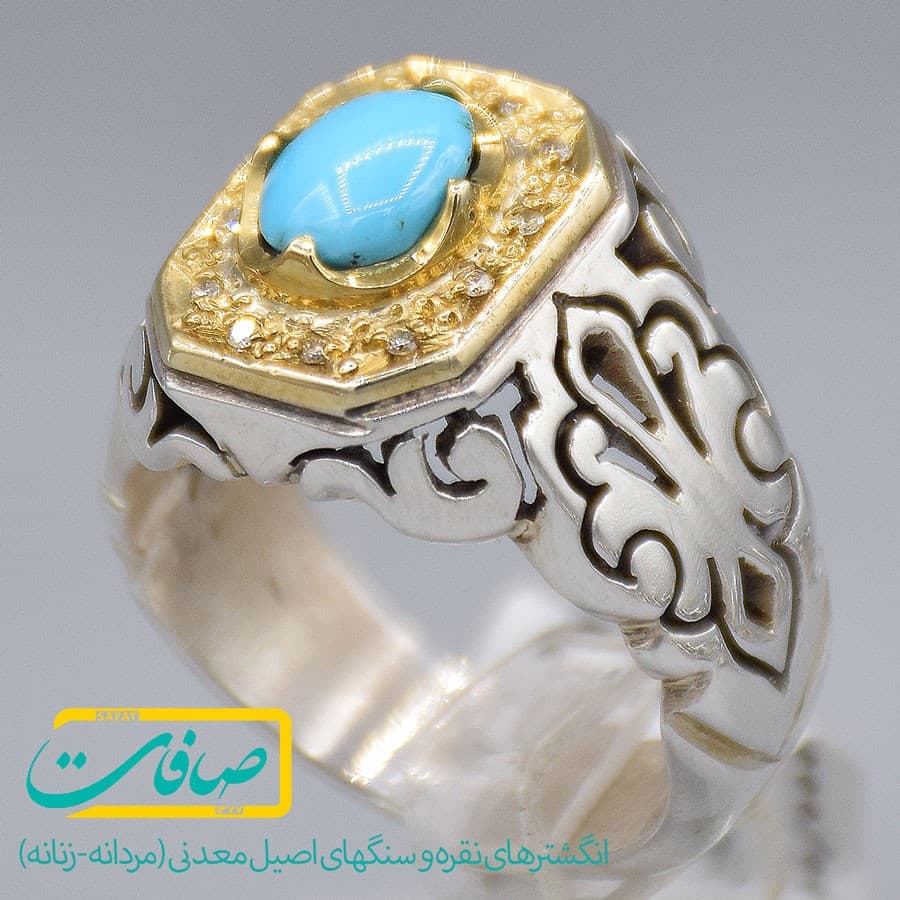 انگشتر فیروزه نیشابور با 12 عدد الماس مردانه «کد 3318»