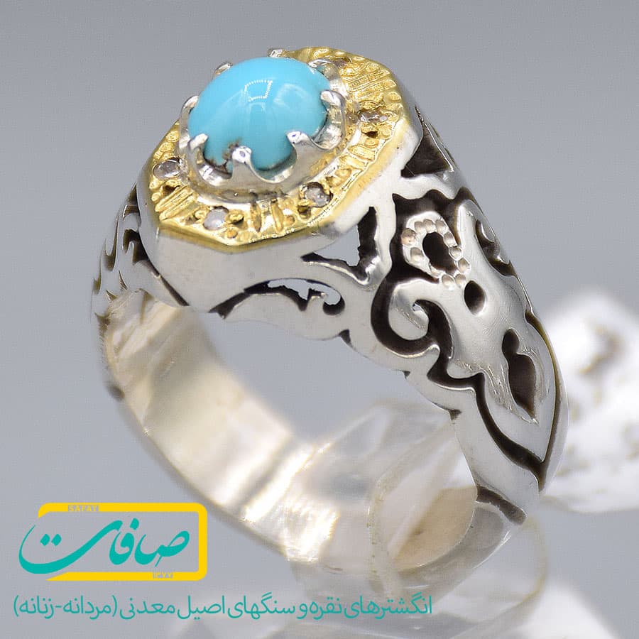 انگشتر فیروزه نیشابور با 6 عدد الماس مردانه «کد 3315» — تصویر ۲