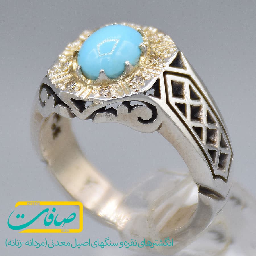 انگشتر فیروزه نیشابور با 8 عدد الماس مردانه «کد 3309»