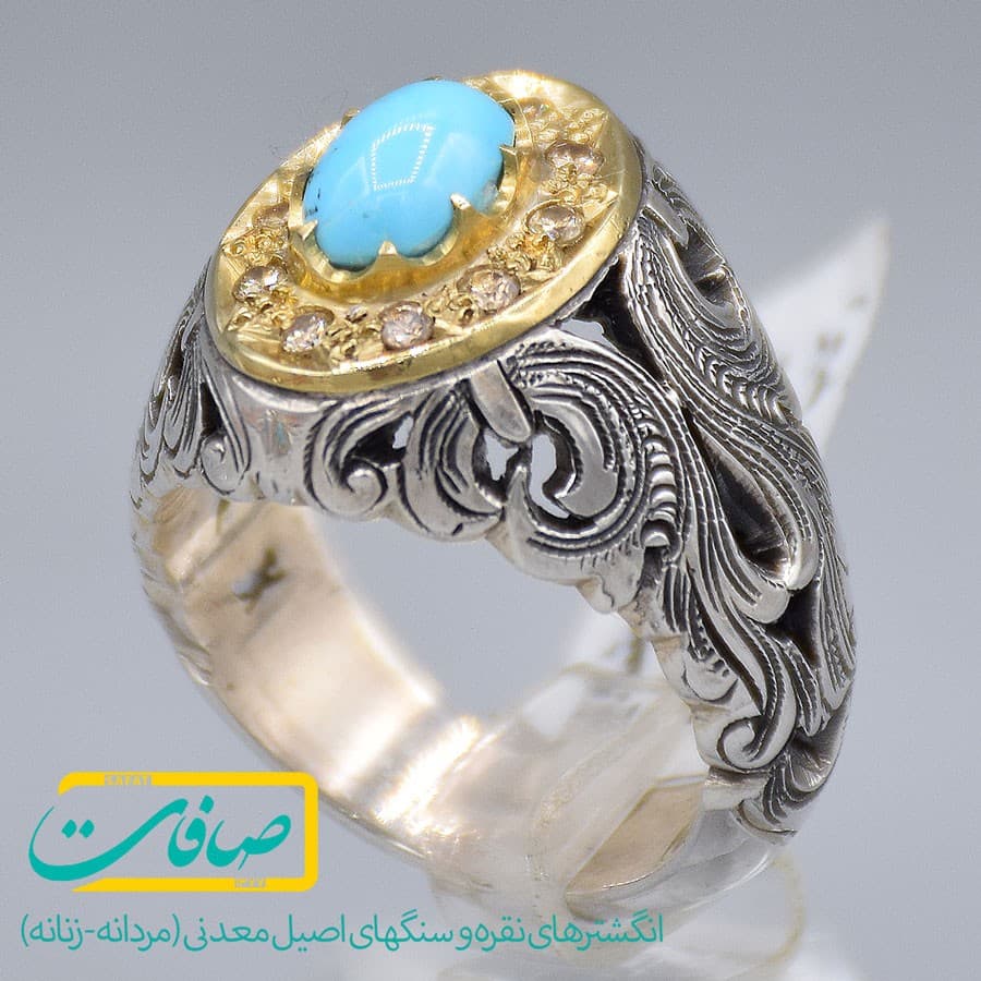 انگشتر فیروزه نیشابور با 10 عدد الماس مردانه «کد 3298»