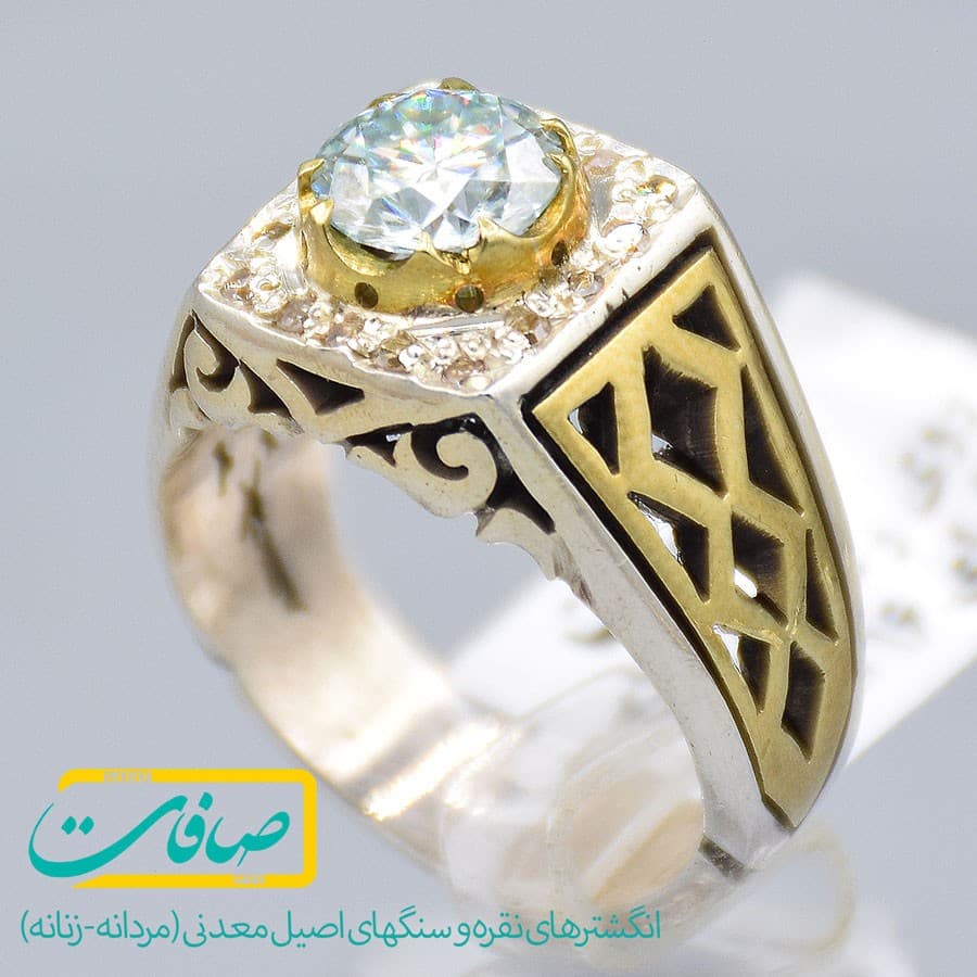 انگشتر موزانایت تراشدار با 16 عدد الماس مردانه «کد 2900»