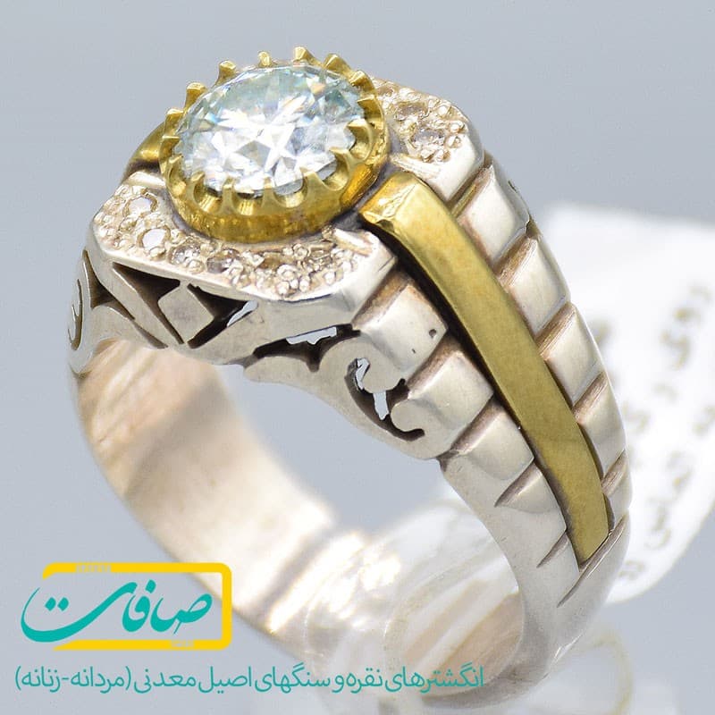 انگشتر موزانایت تراشدار با 12 عدد الماس مردانه «کد 2895»