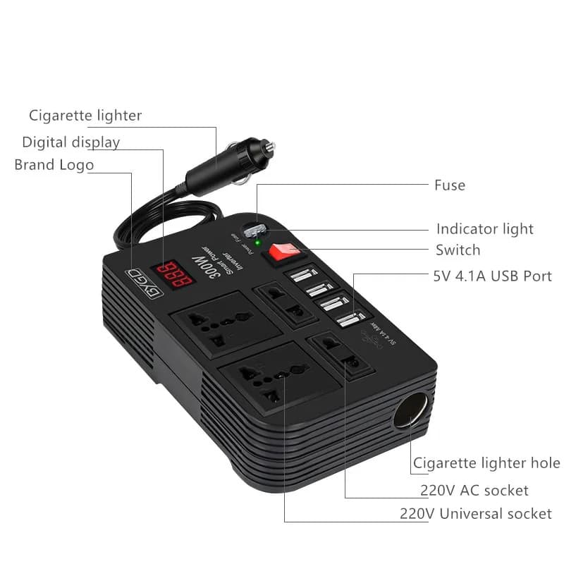 اینورتر فندکی خودرو مدل BYGD E8982 توان 300 وات — تصویر ۱۲
