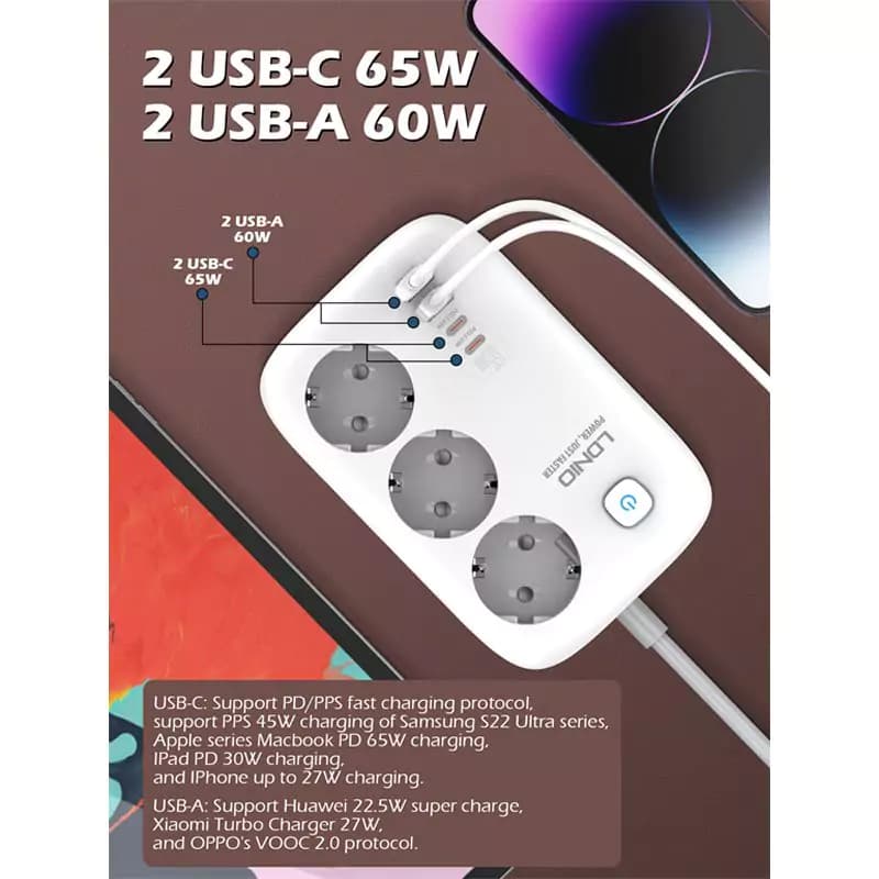 چند راهی 3 خانه برق ارت دار الدینیو SE3436 با کابل 2 متری + شارژر USB و Type-C — تصویر ۸