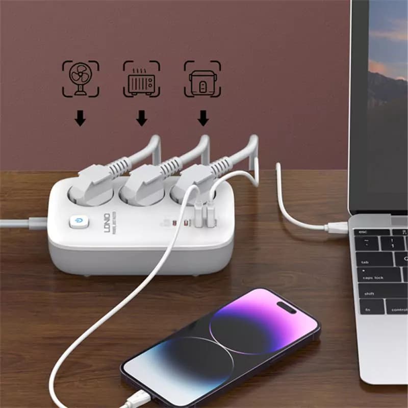 چند راهی 3 خانه برق ارت دار الدینیو SE3436 با کابل 2 متری + شارژر USB و Type-C — تصویر ۴