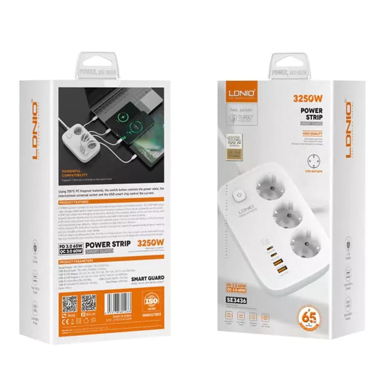 چند راهی 3 خانه برق ارت دار الدینیو SE3436 با کابل 2 متری + شارژر USB و Type-C — تصویر ۳