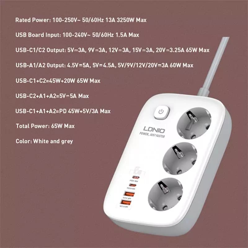 چند راهی 3 خانه برق ارت دار الدینیو SE3436 با کابل 2 متری + شارژر USB و Type-C — تصویر ۷