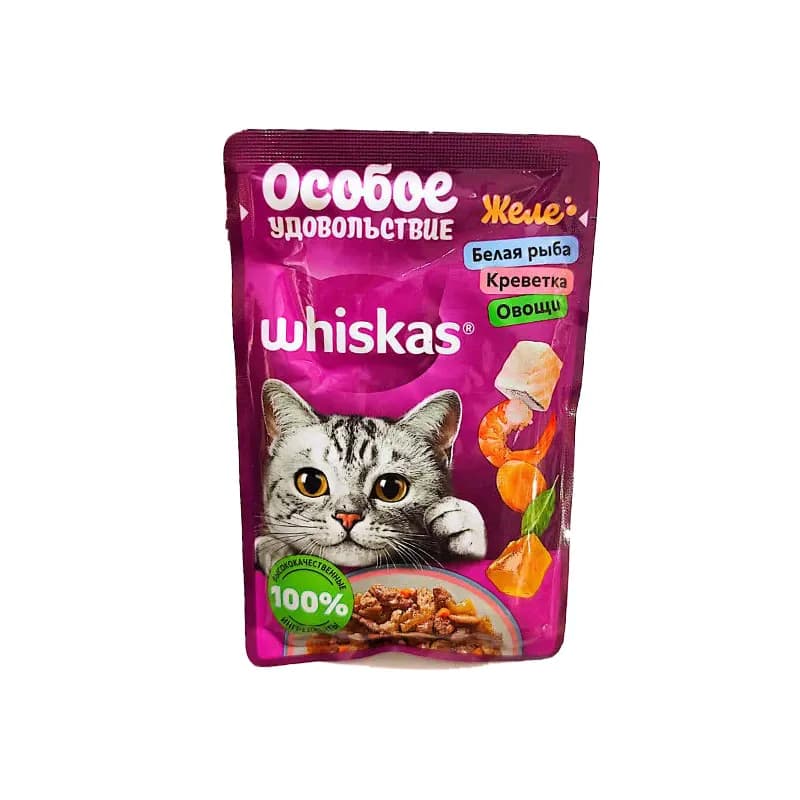 پوچ گربه ویسکاس روسیه طعم ماهی سفید و میگو و سبزیجات در ژله 75 گرم Whiskas white fish and shrimp &amp; vegetable in jelly 75g