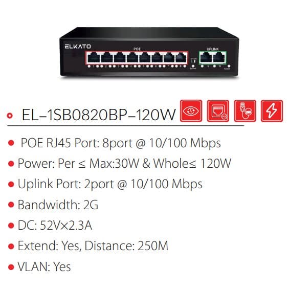 سوئیچ 2 + 8 پورت POE الکاتو EL-1SB0820BP-120W