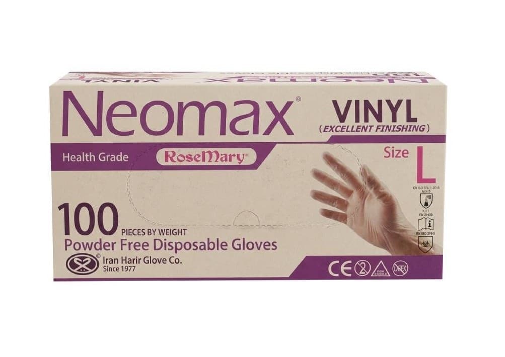 دستکش وینیل نئومکس NEOMAX حریر ایران همه سایز S،M،L،XS تعداد 100 — تصویر ۸
