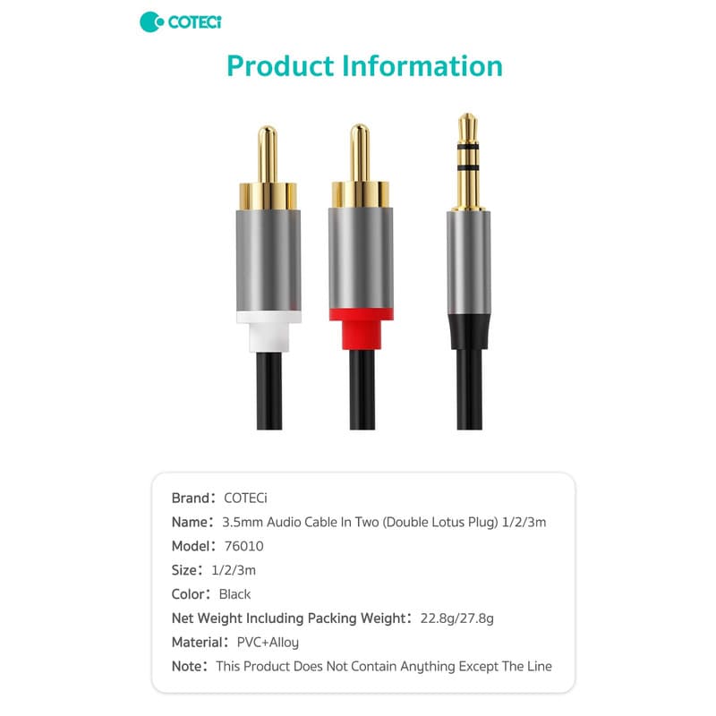 کابل تبدیل جک 3.5 میلی متری به دو RCA کوتتسی مدل 76010 طول 2 متر — تصویر ۸