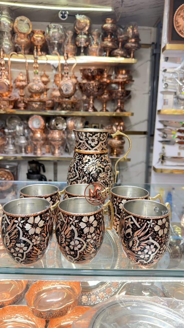 پارچ و لیوان مسی گل بلبل — تصویر ۴
