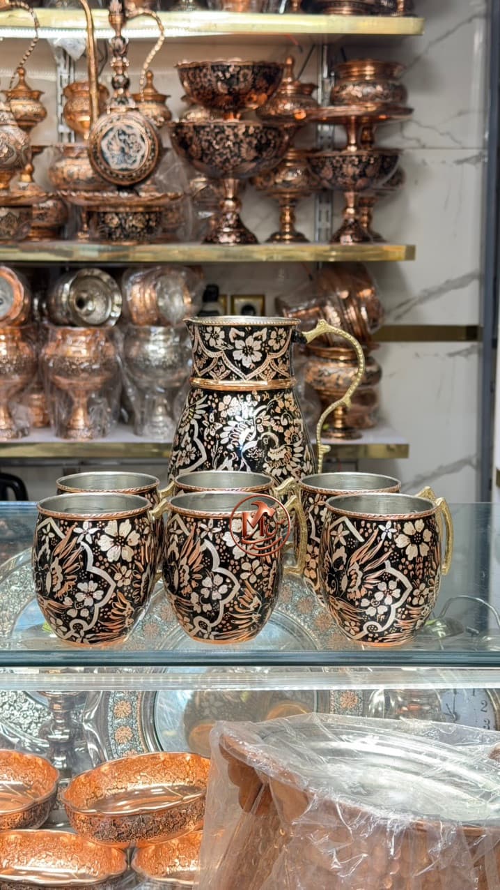 پارچ و لیوان مسی گل بلبل