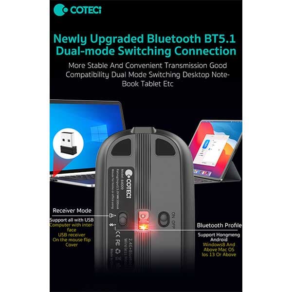 موس بی سیم دو حالته کوتسی Coteci Dual Mode Bluetooth Mouse 84009 — تصویر ۵